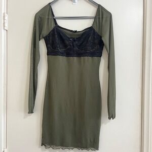 Y2K Mesh Bodycon Dress Small Olive Lace Bustier Sheer‎ Long Sleeve Grunge Goth